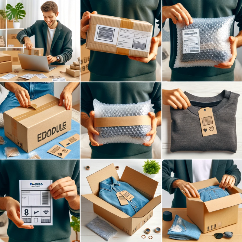 DALL·E 2024 01 16 08.28.20   A series of photos showing the step by step process of packing clothes for shipping. Images include securing the product with bubble wrap, labeling th